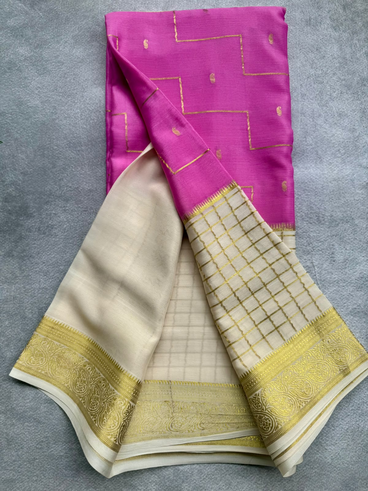 Pink n cream pure mysore crepe silk saree