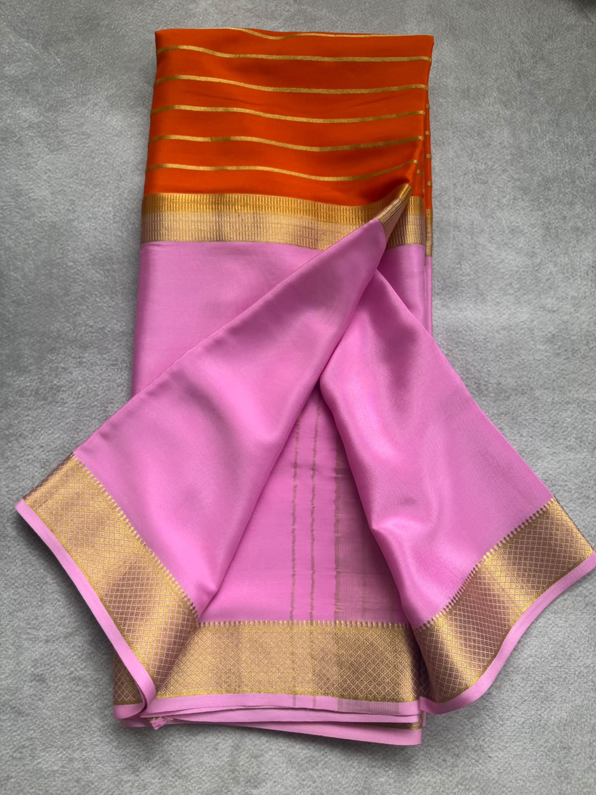 Baby pink n orange pure mysore crepe silk saree