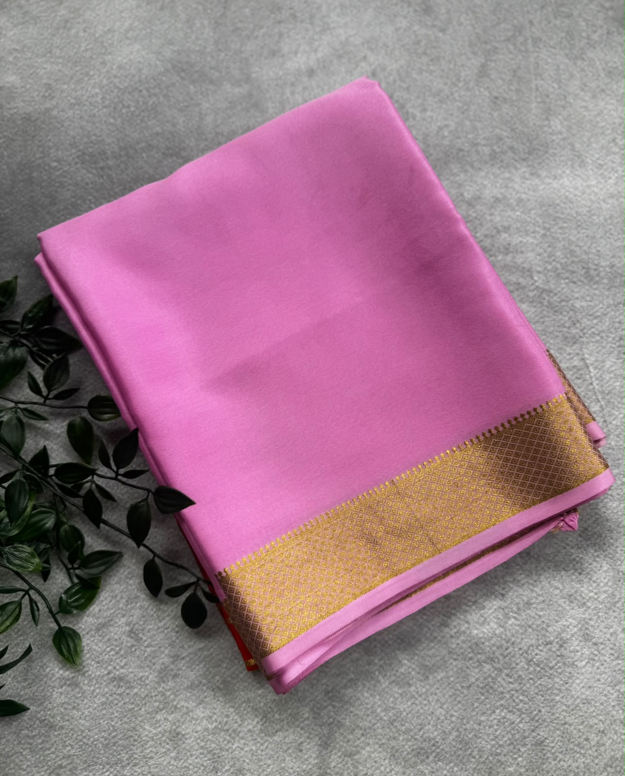 Baby pink n orange pure mysore crepe silk saree