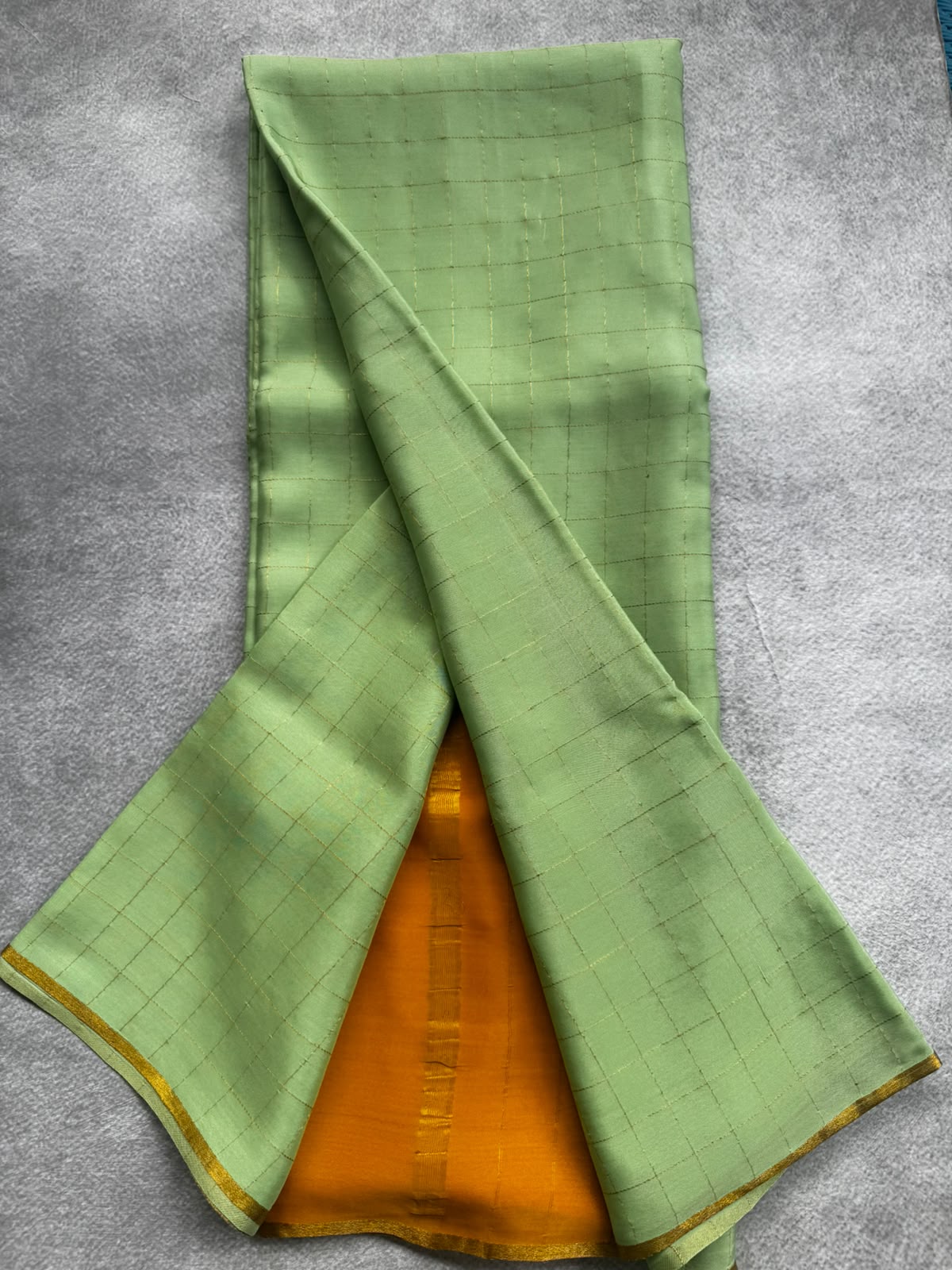 Pista green checks pure mysore crepe silk saree