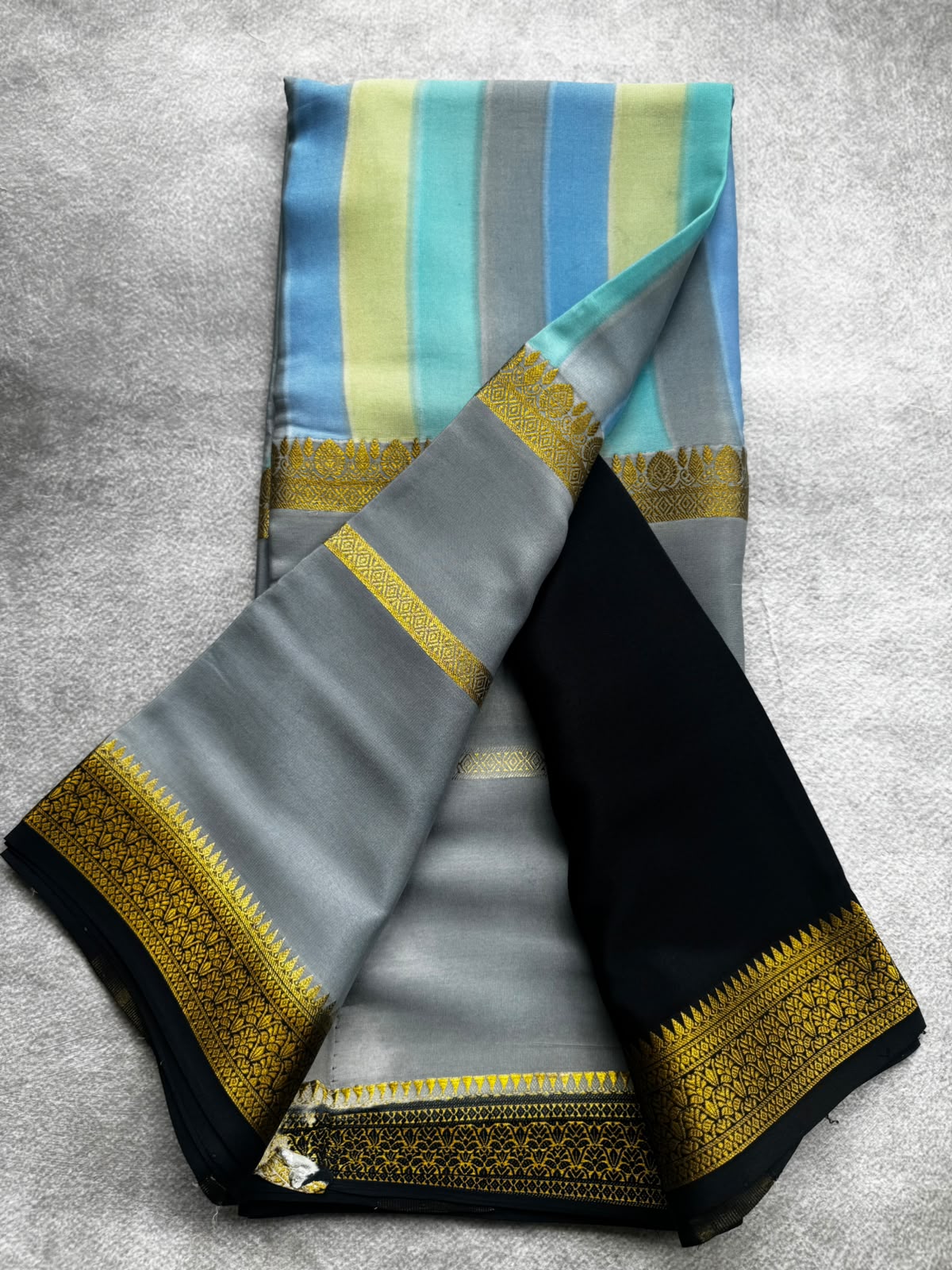 Grey stripes pure mysore crepe silk saree