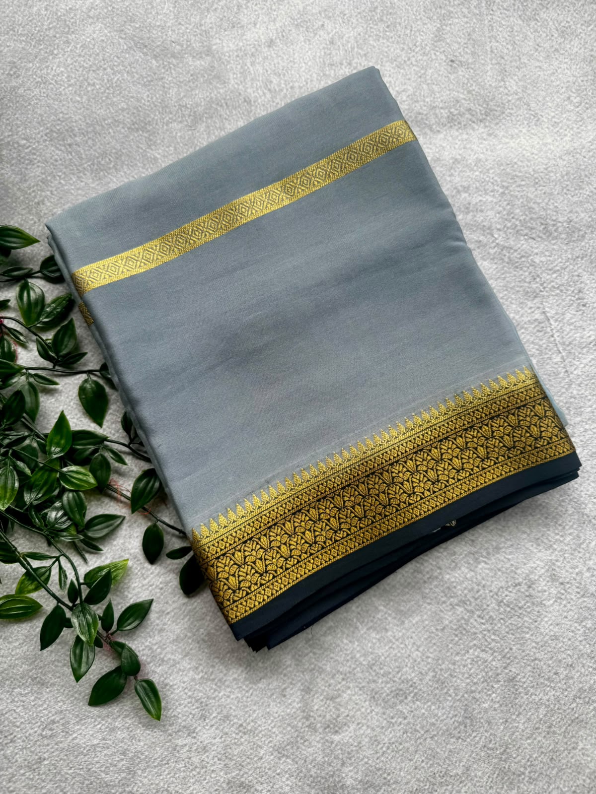 Grey stripes pure mysore crepe silk saree