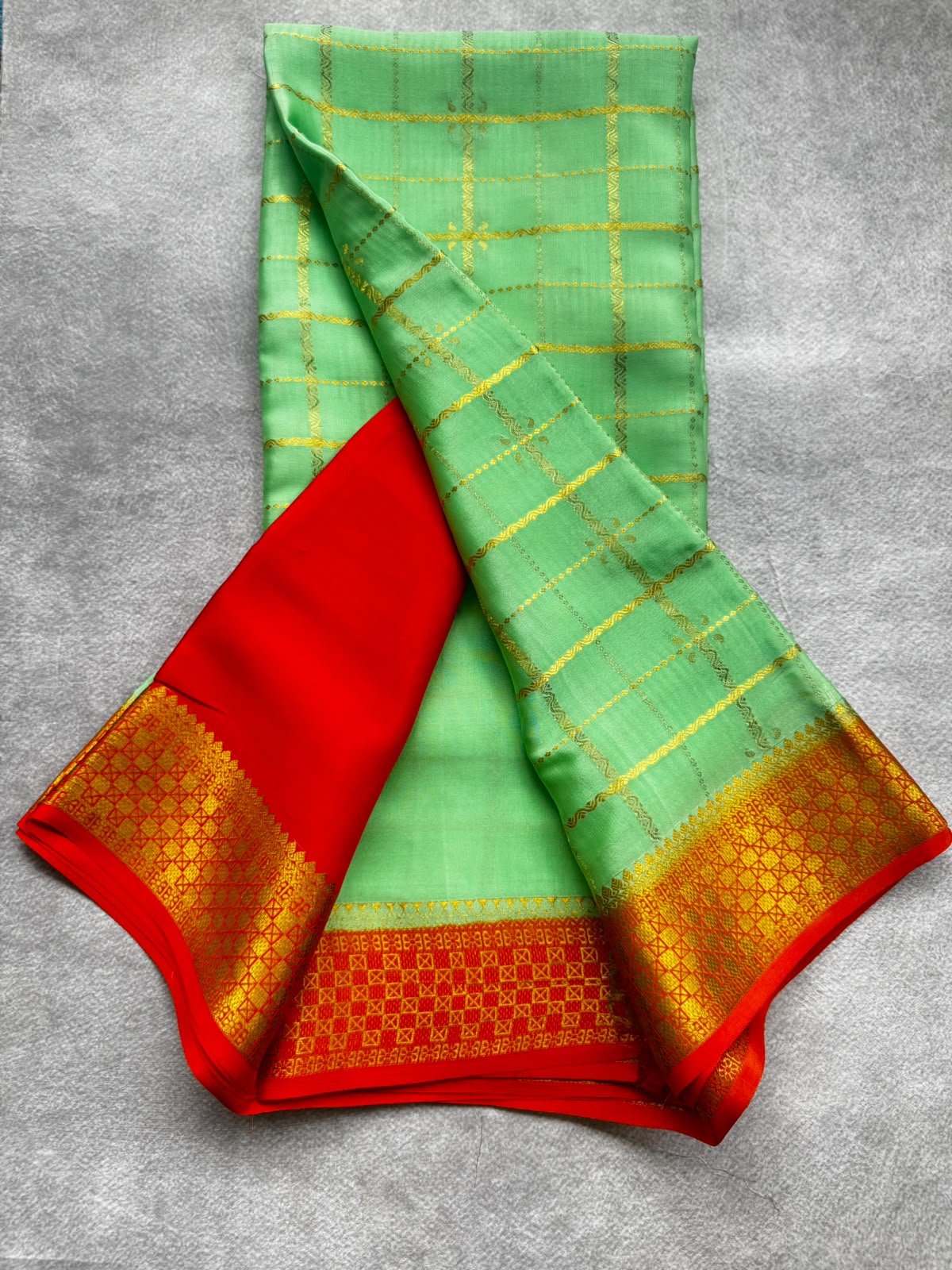 Green checks pure mysore crepe silk saree