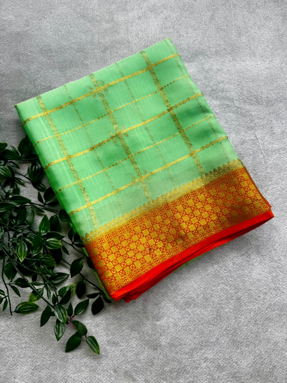 Green checks pure mysore crepe silk saree