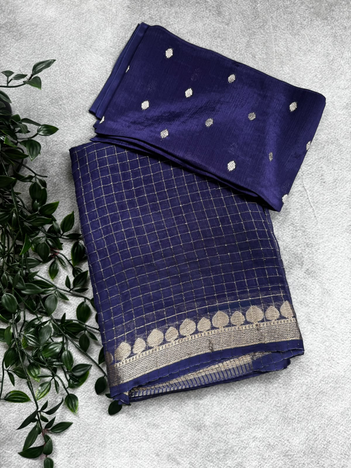 Navy blue checks crepe saree