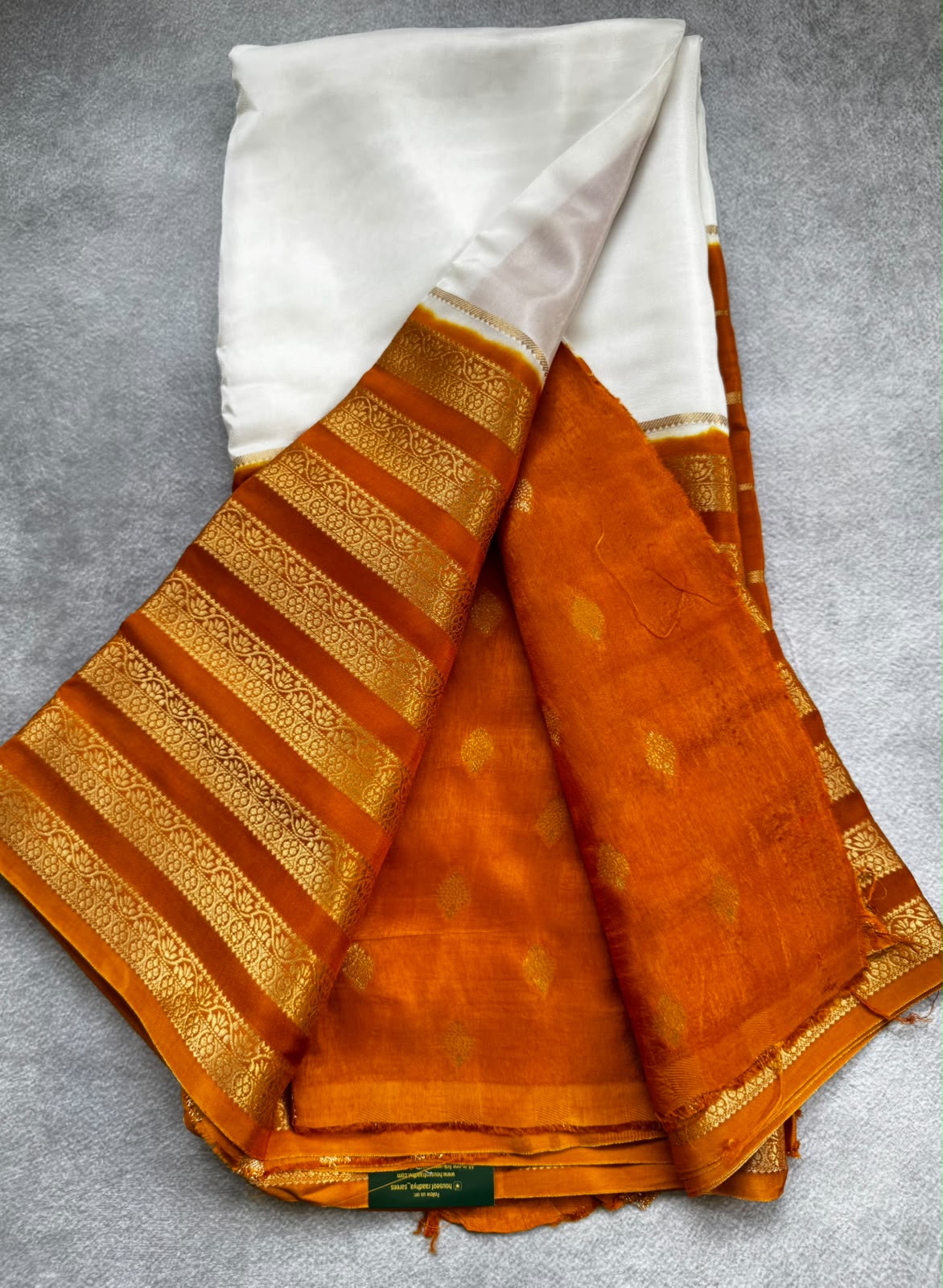 Mustard n white semi mysore crepe silk saree
