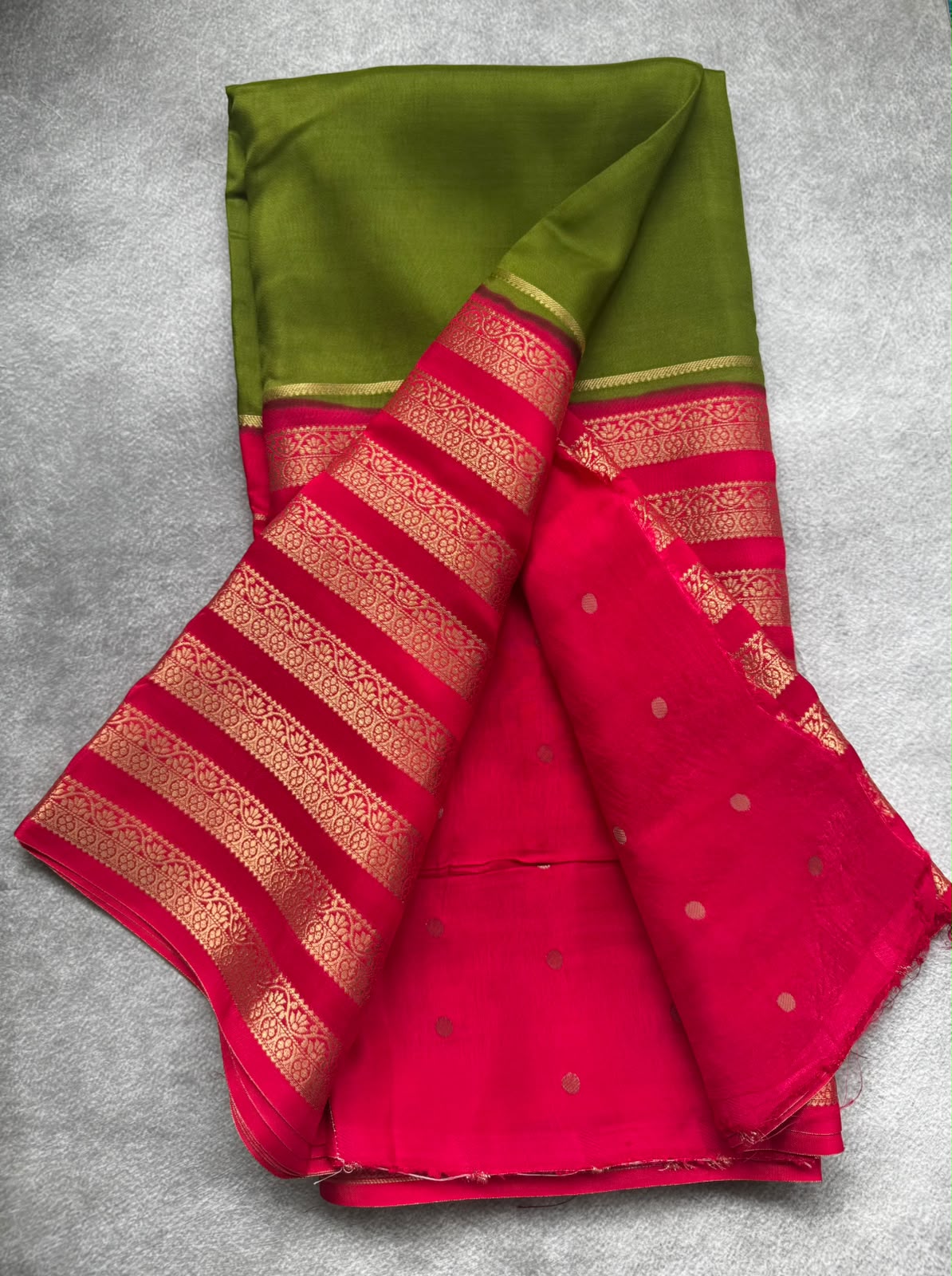 Pink n green semi mysore crepe silk saree
