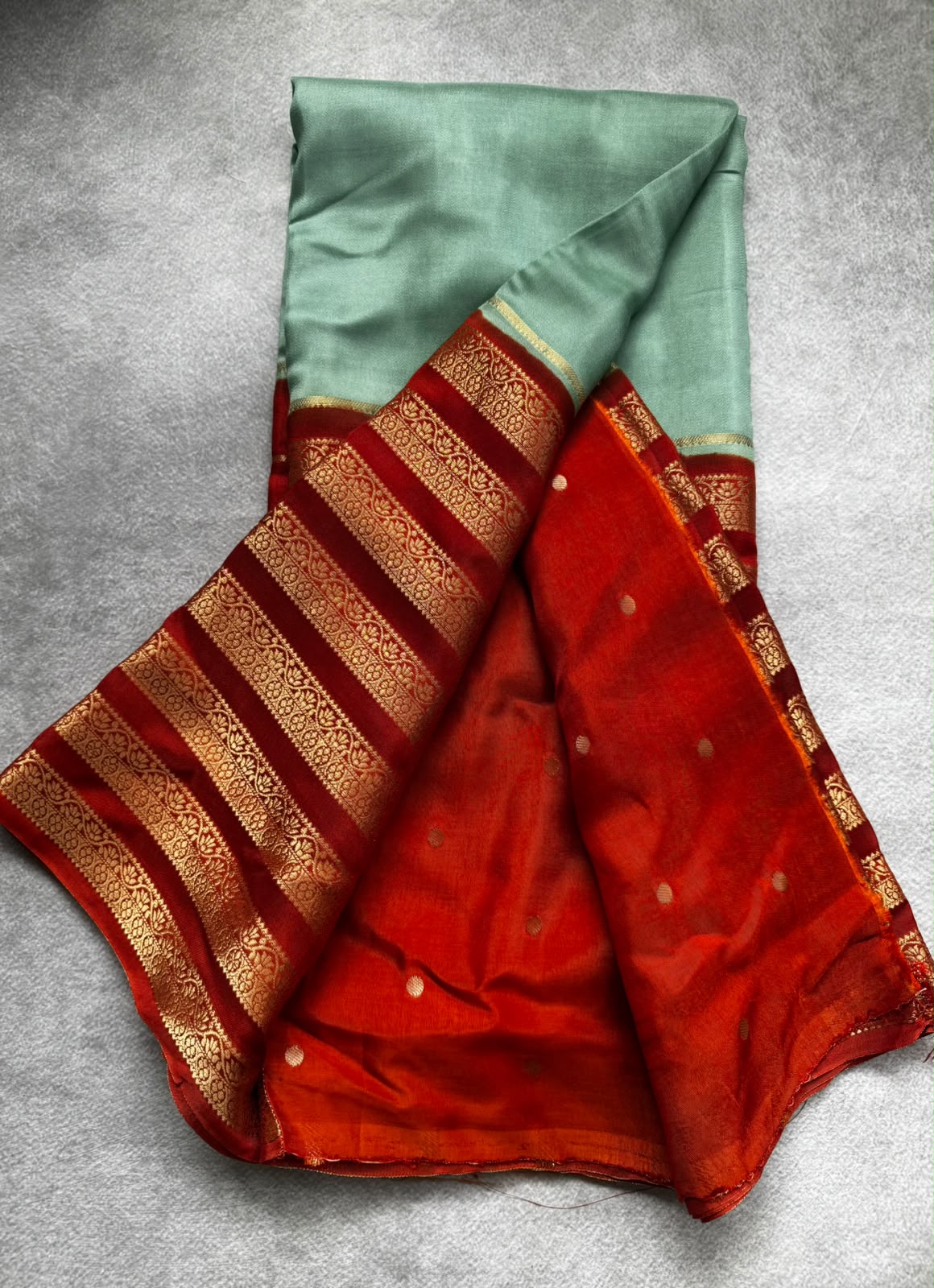 Rust n pastel green semi mysore crepe silk saree