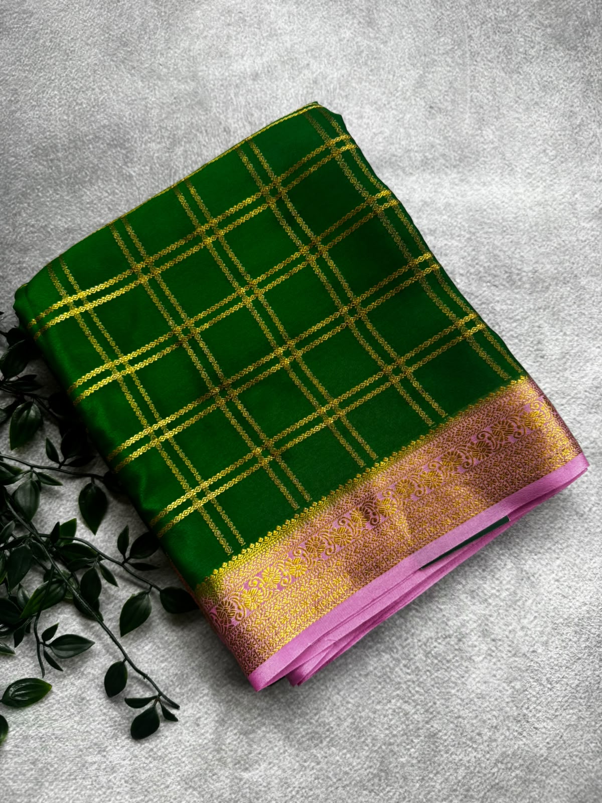 Green checks pure mysore crepe silk saree