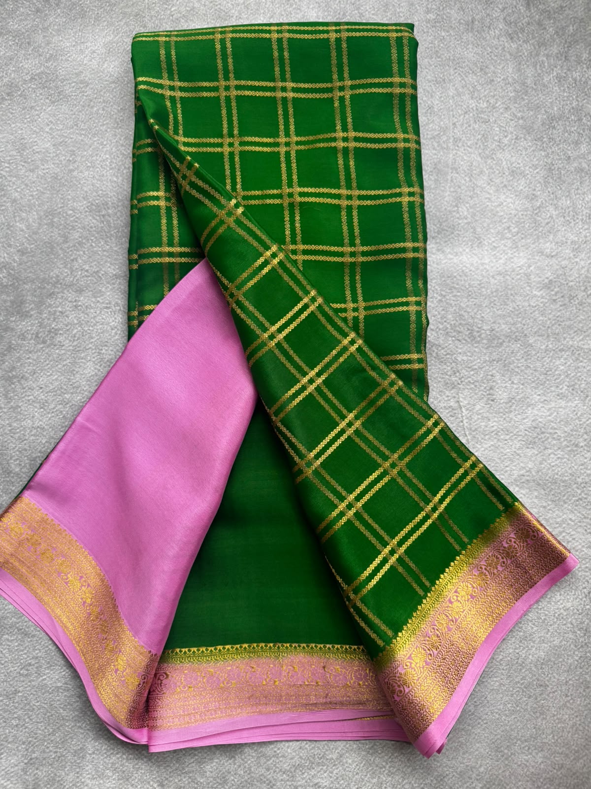 Green checks pure mysore crepe silk saree