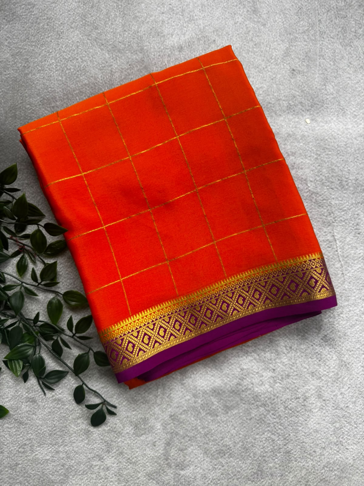 Orange checks pure mysore crepe silk saree