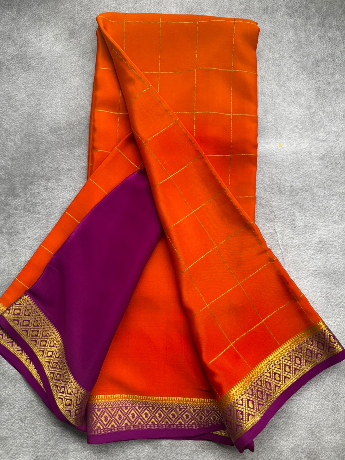 Orange checks pure mysore crepe silk saree