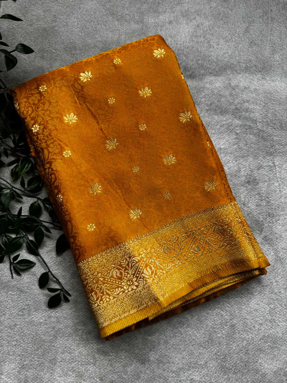 Mustard crepe small butta saree