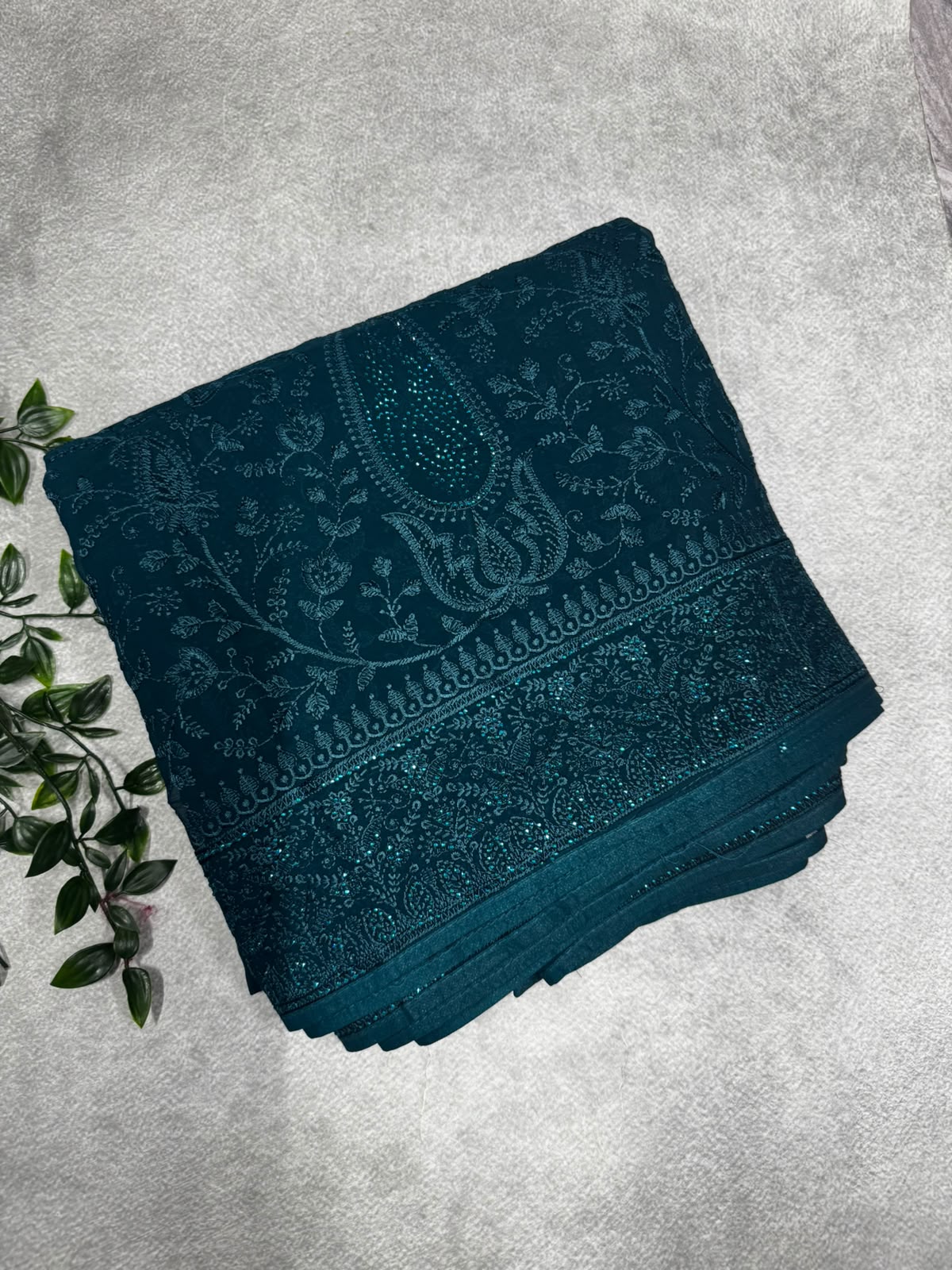 Peacock blue chikankari saree