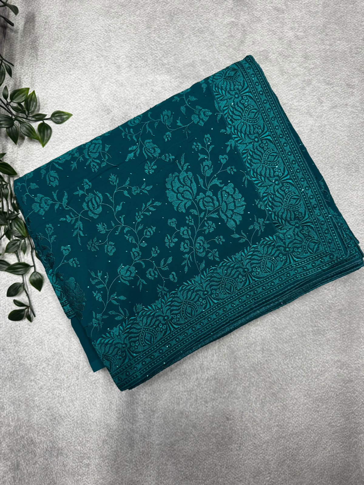 Teal chikankari saree