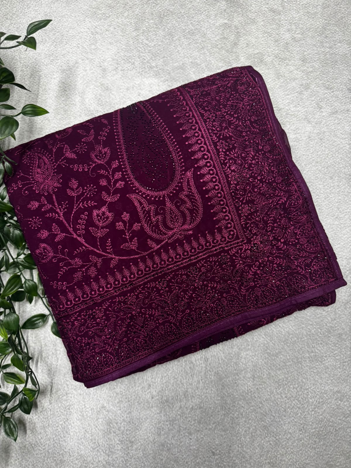 Wine chikankari saree