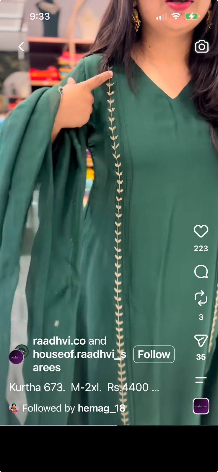 Green  Chinnon Hand Embroidery A Line Kurtha 673