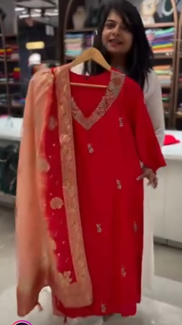 Red Mul Chanderi Hand Embroidery  A Line  Kurtha 686