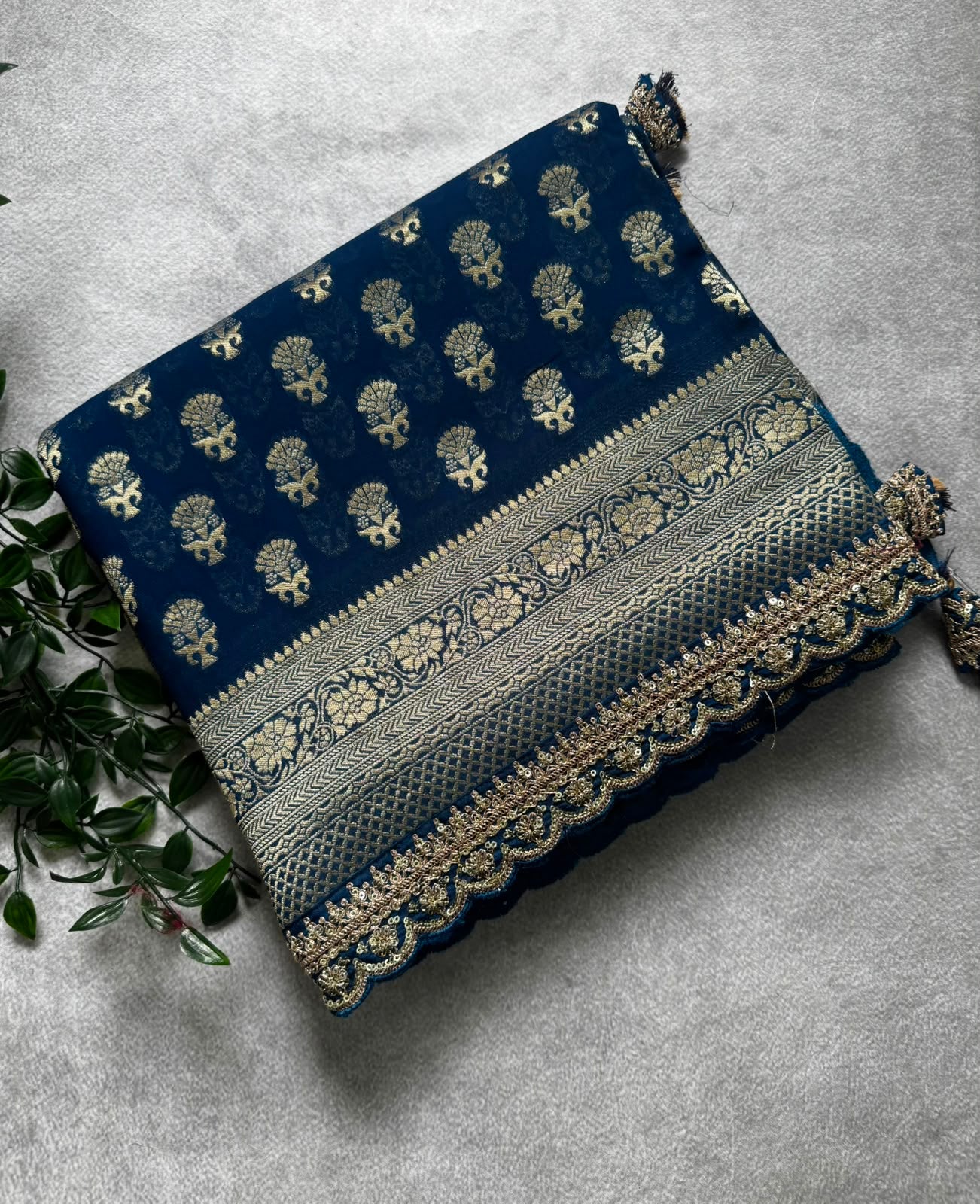 Peacock blue scallop border georgette saree