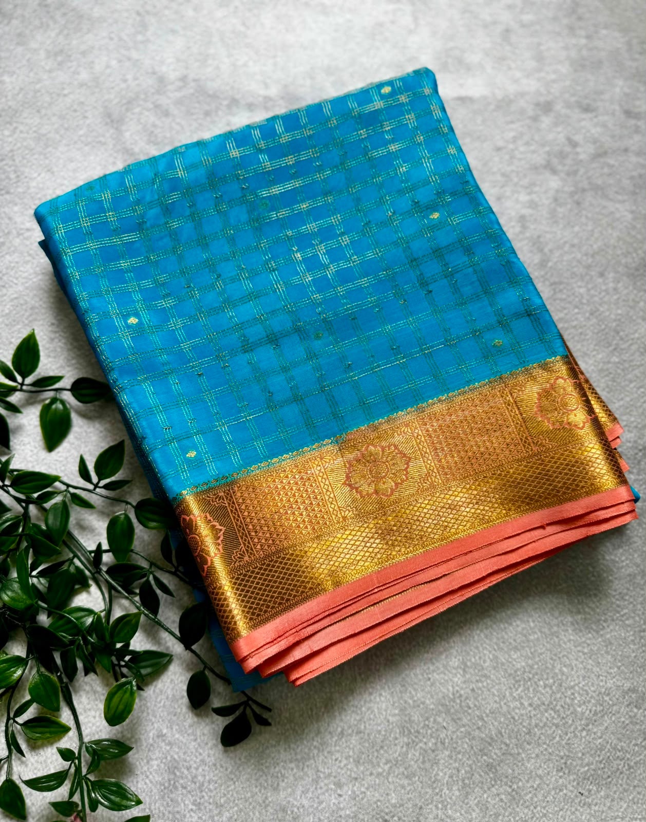 Blue checks pure mysore crepe silk saree