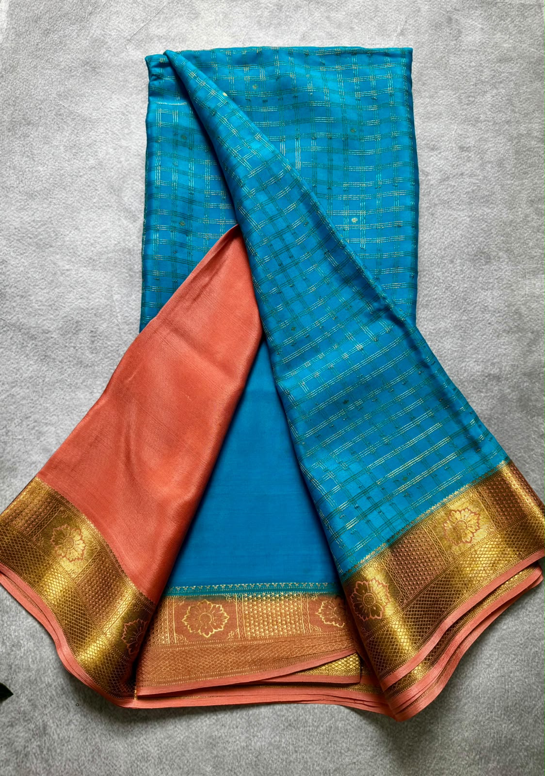 Blue checks pure mysore crepe silk saree