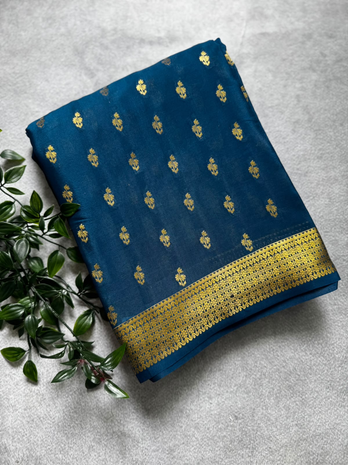 Peacock blue pure mysore crepe silk saree