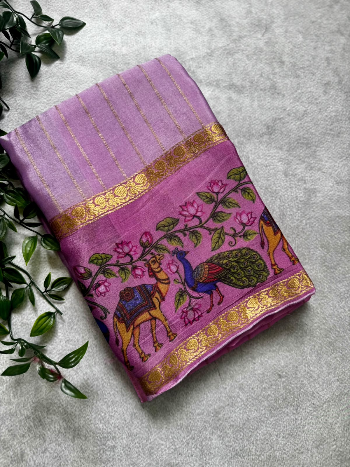 Pink pure wrinkle crepe digital print border saree