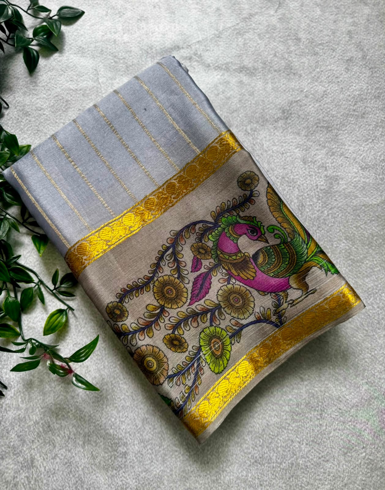 Grey pure wrinkle crepe digital print border saree