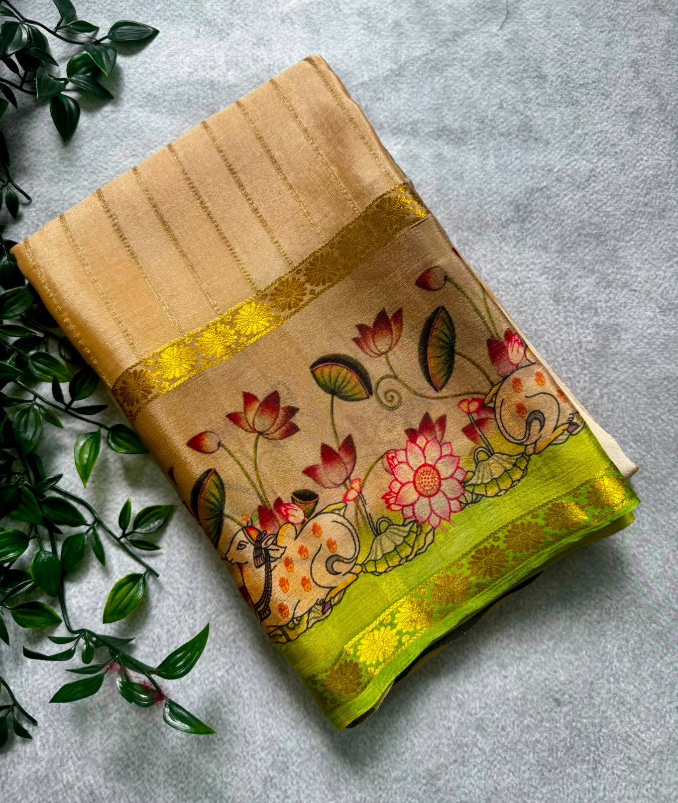 Beige pure wrinkle crepe digital print border saree