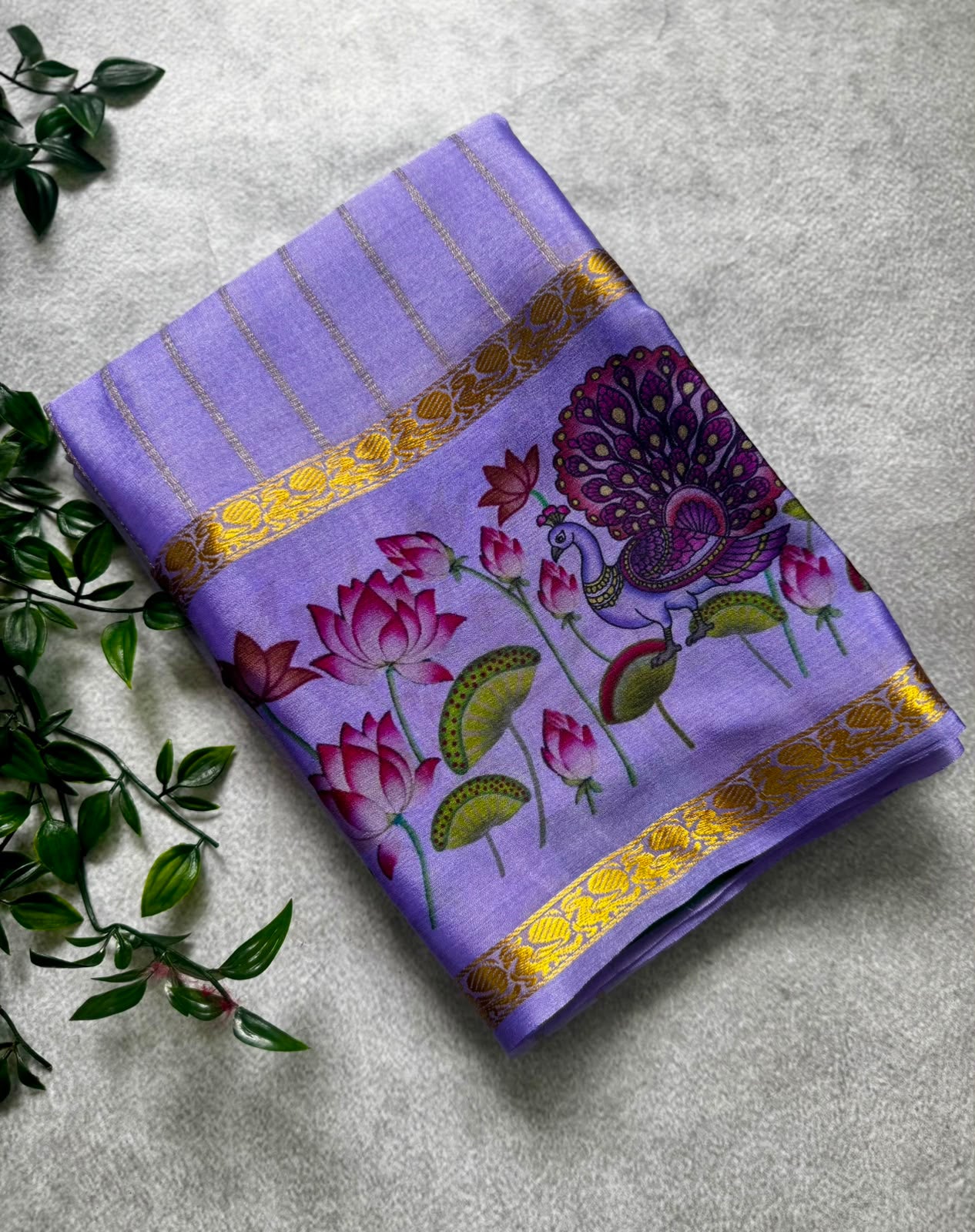 Lavender pure wrinkle crepe digital print border saree