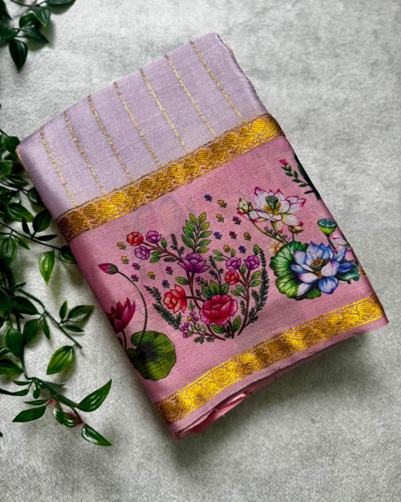 Pink pure wrinkle crepe digital print border saree