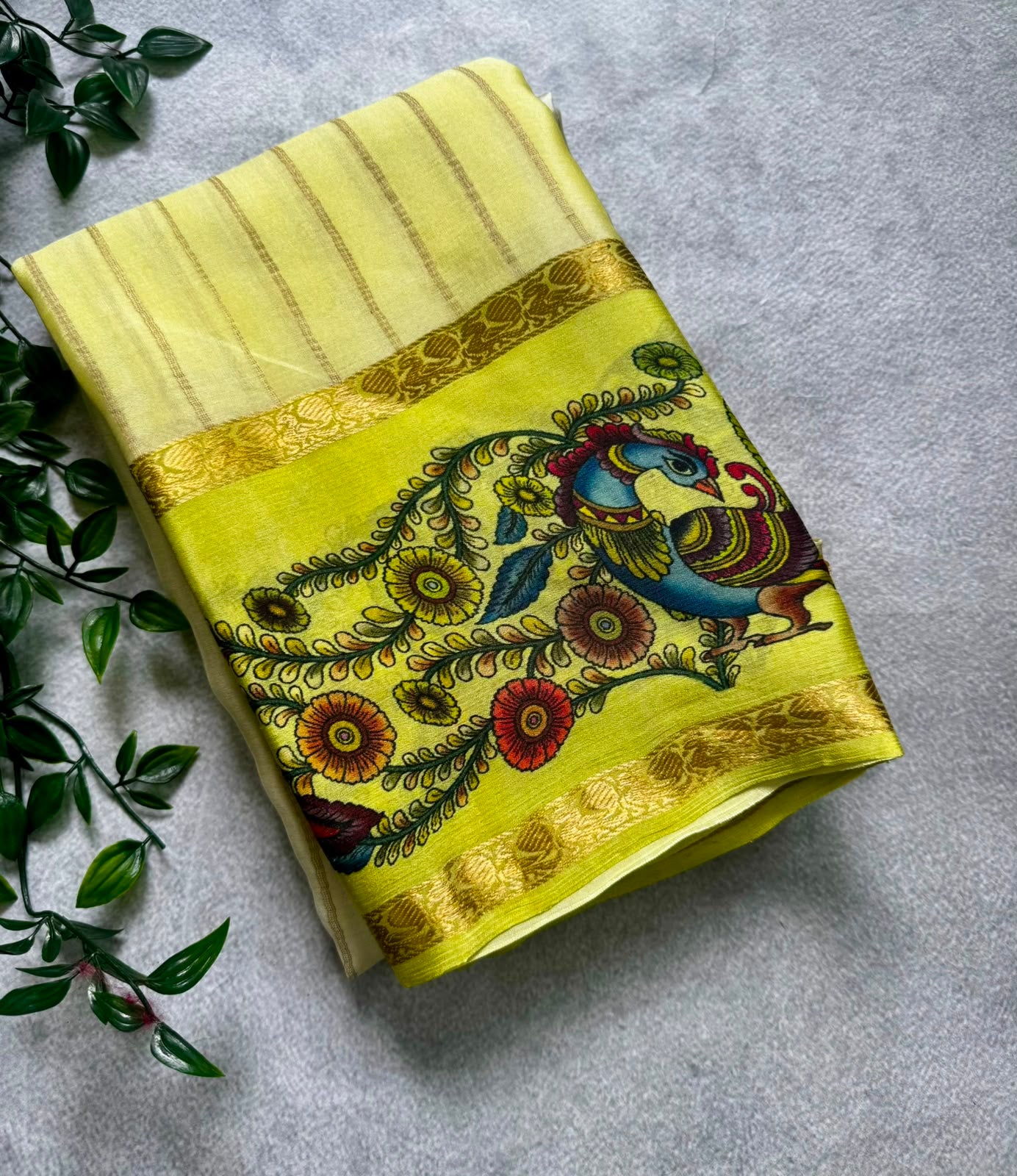 Yellow pure wrinkle crepe digital print border saree