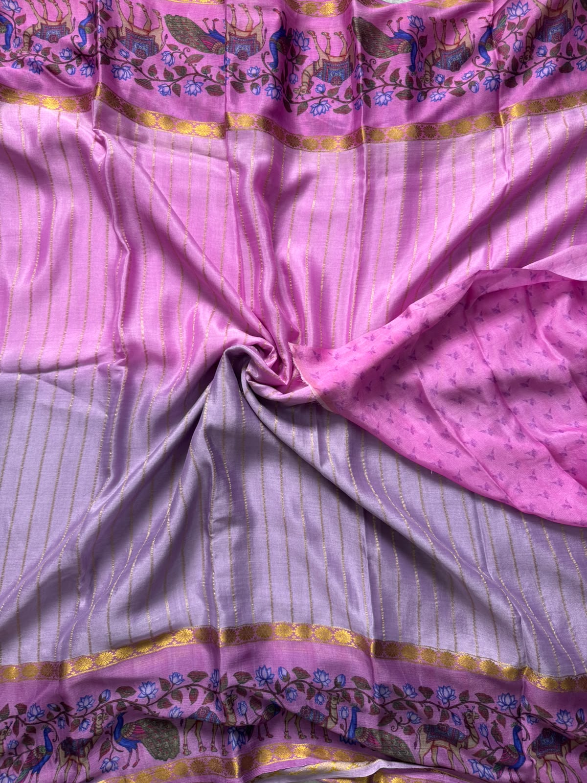 Pink pure wrinkle crepe digital print border saree