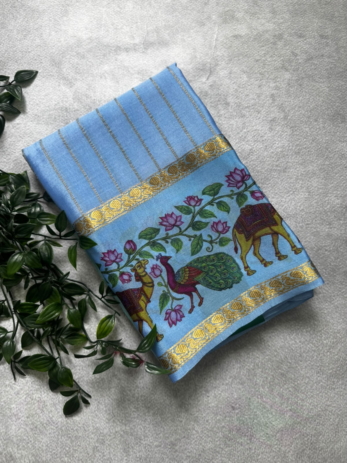 Blue pure wrinkle crepe digital print border saree