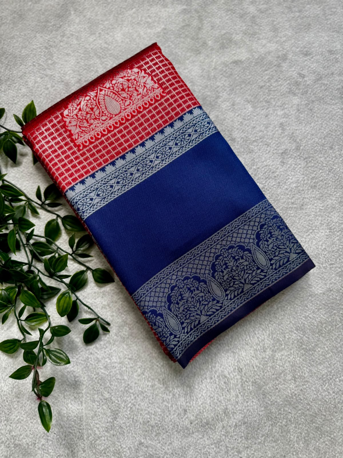 Red checks crepe saree
