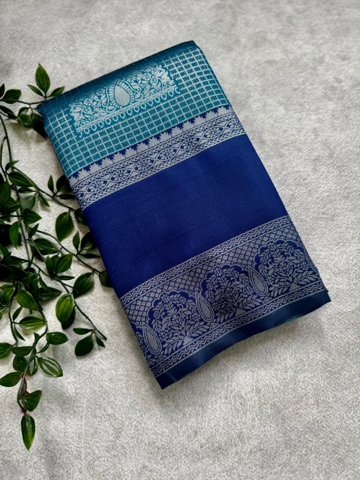Teal checks crepe saree