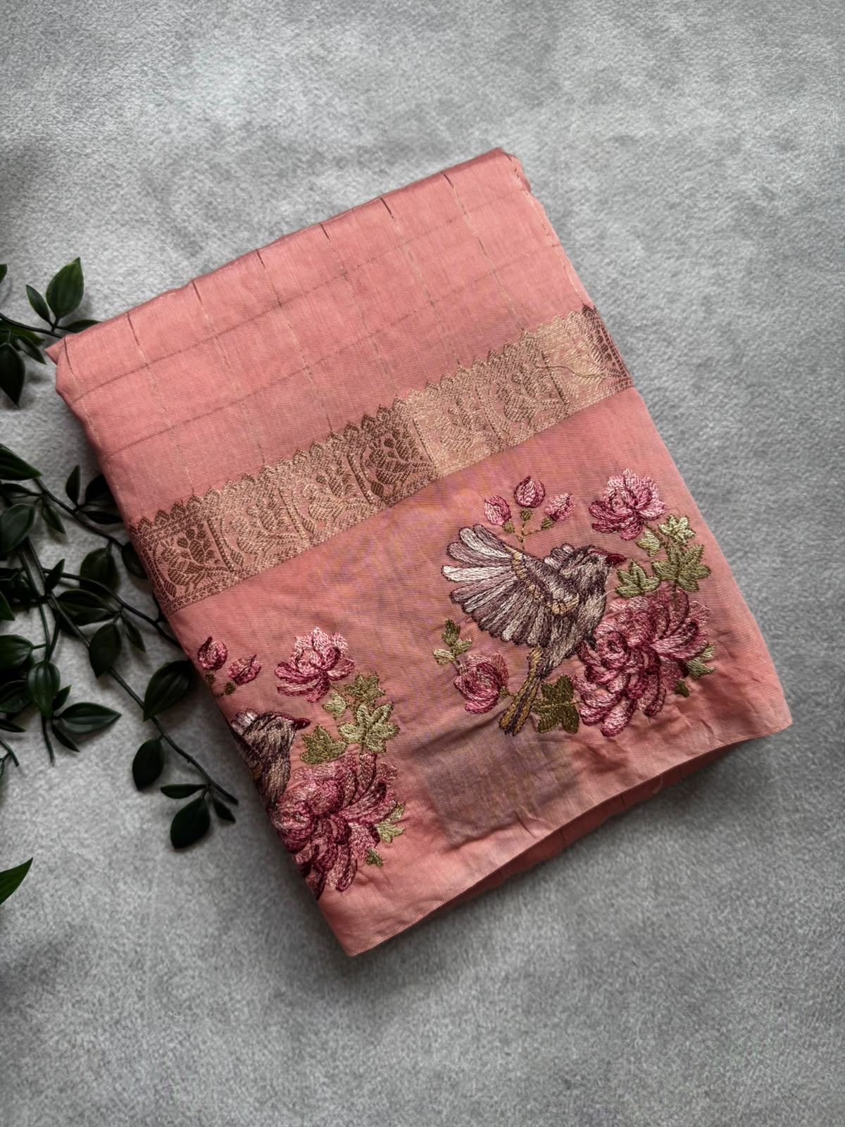 Peach embroidery soft tussar crepe saree
