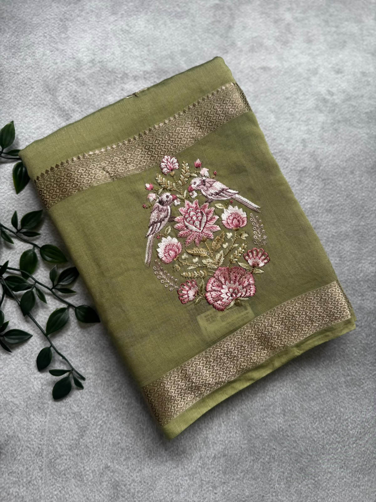 Pastel olive embroidery soft tussar crepe saree