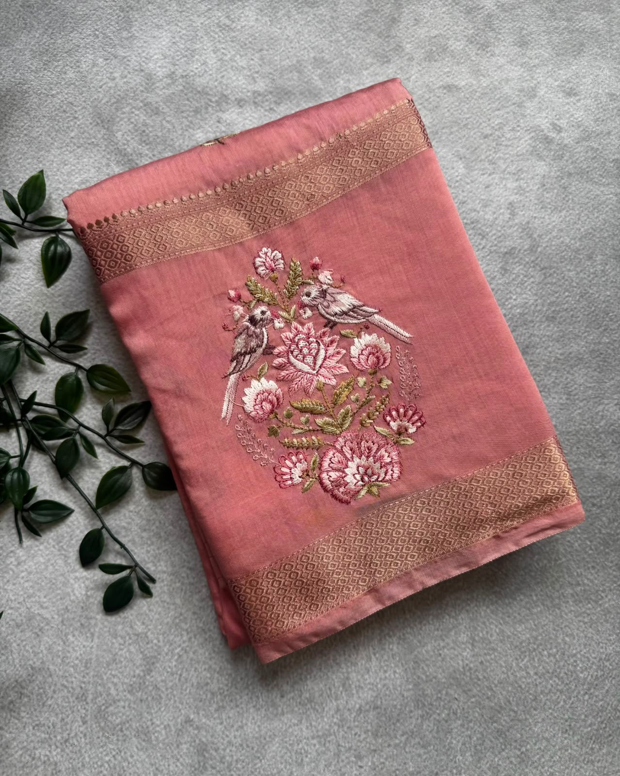 Peach checks embroidery soft tussar crepe saree
