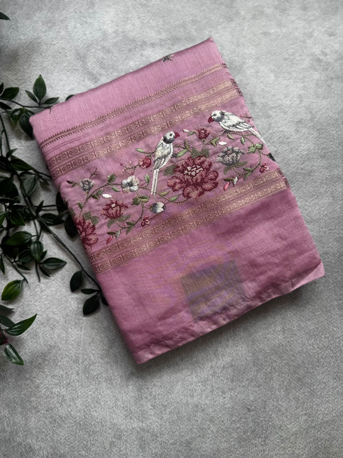 Pink embroidery soft tussar crepe saree