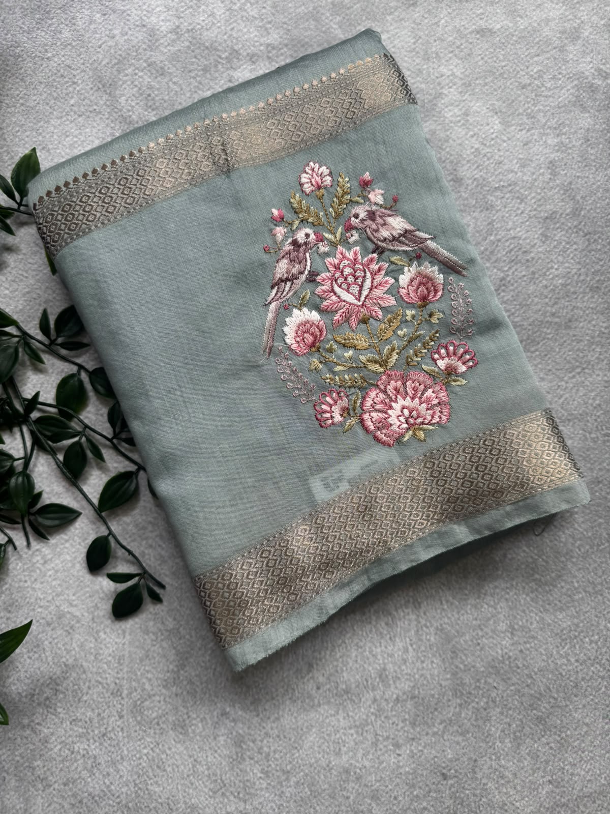 Pastel blue embroidery soft tussar crepe saree