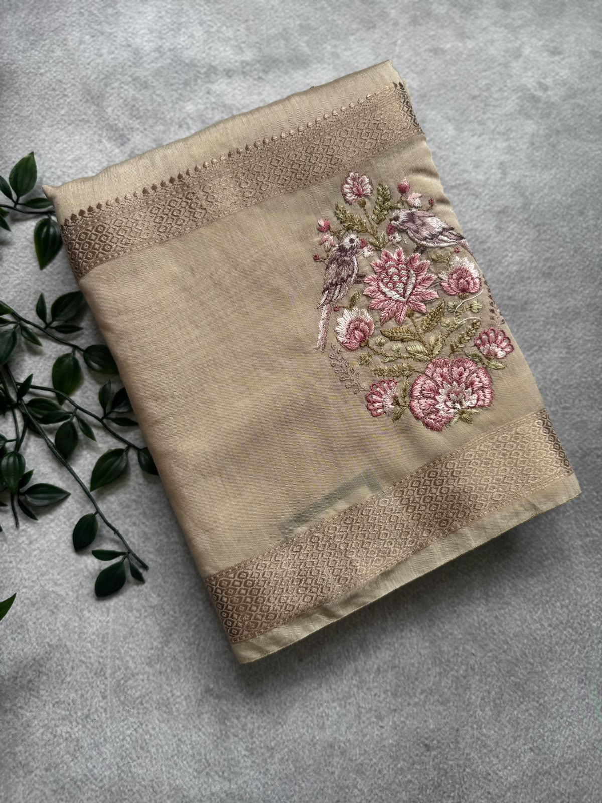 Cream embroidery soft tussar crepe saree