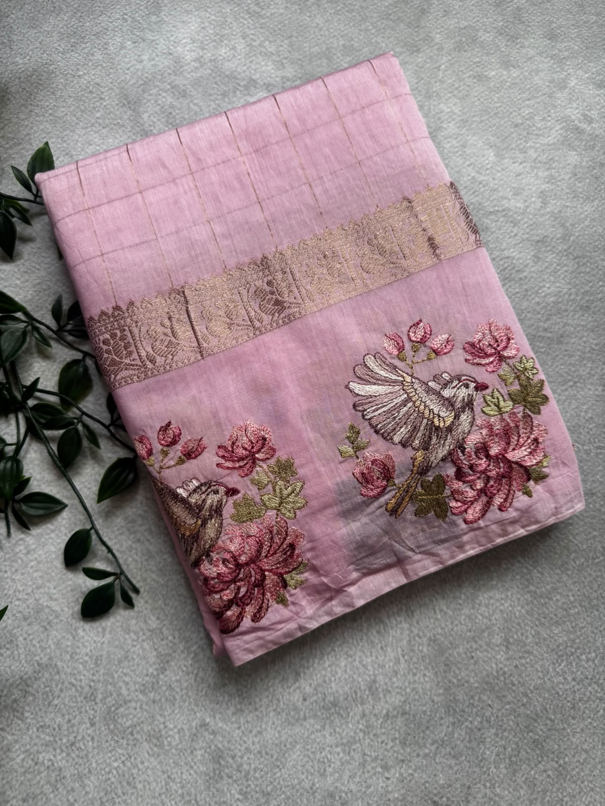 Pink checks embroidery soft tussar crepe saree