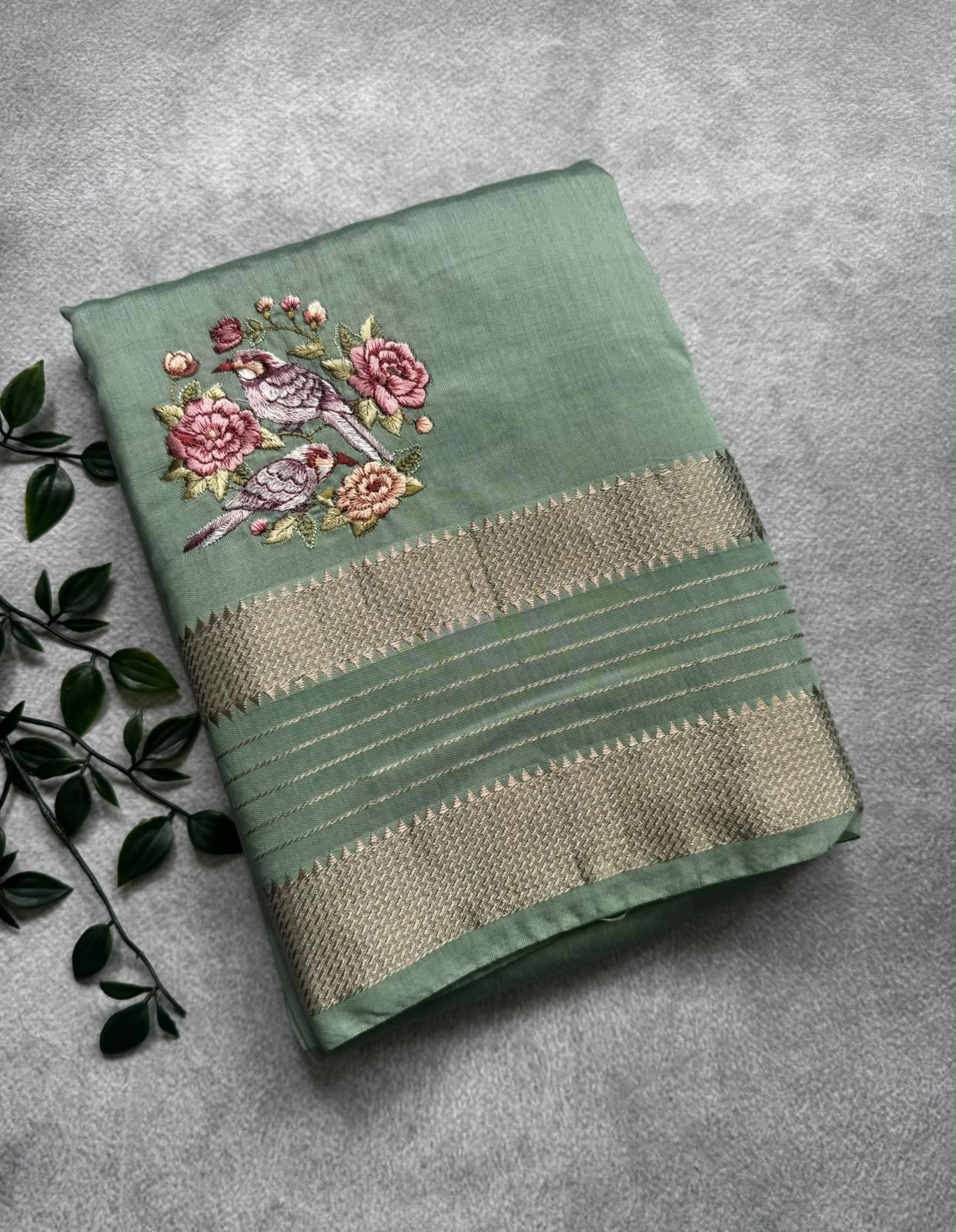 Pastel green embroidery soft tussar crepe saree