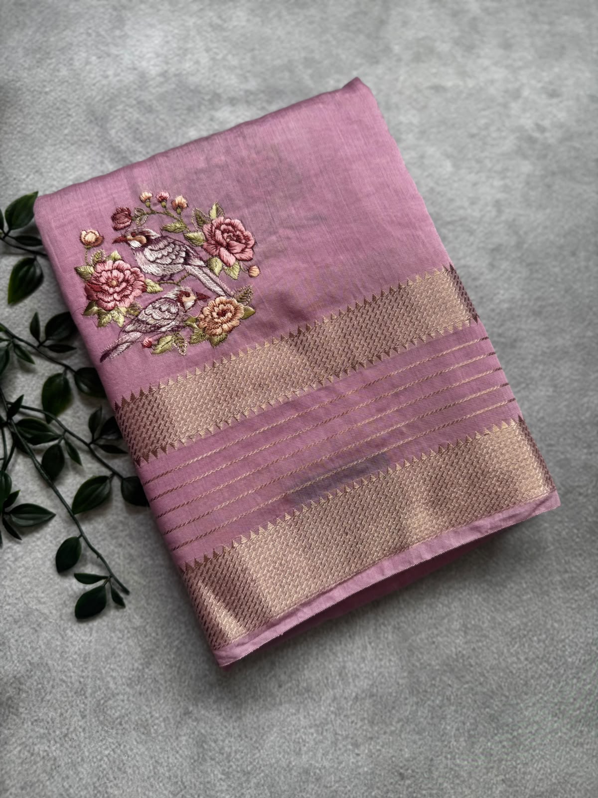 Pink embroidery soft tussar crepe saree
