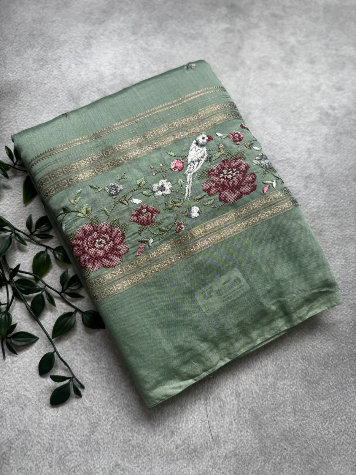 Pastel green embroidery soft tussar crepe saree