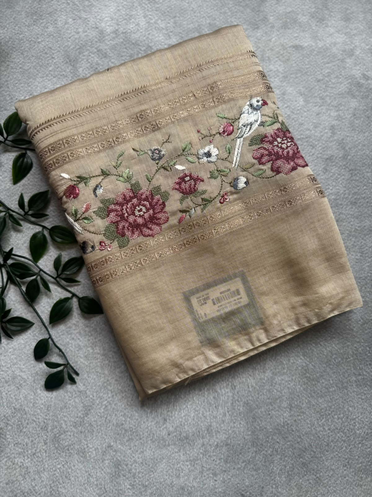 Cream embroidery soft tussar crepe saree