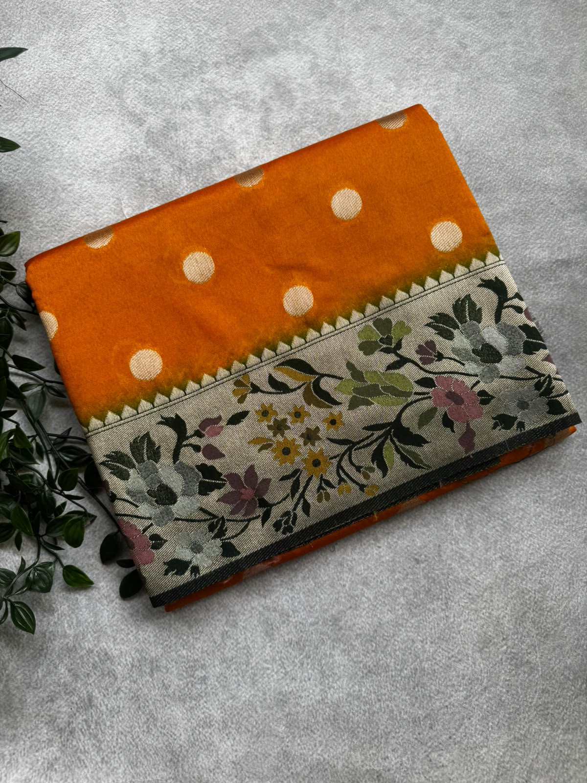 Orange polka dot semi crepe saree