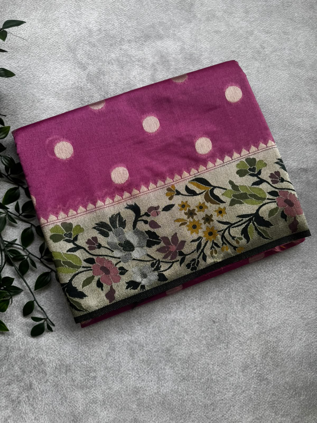 Lavender polka dot semi crepe saree
