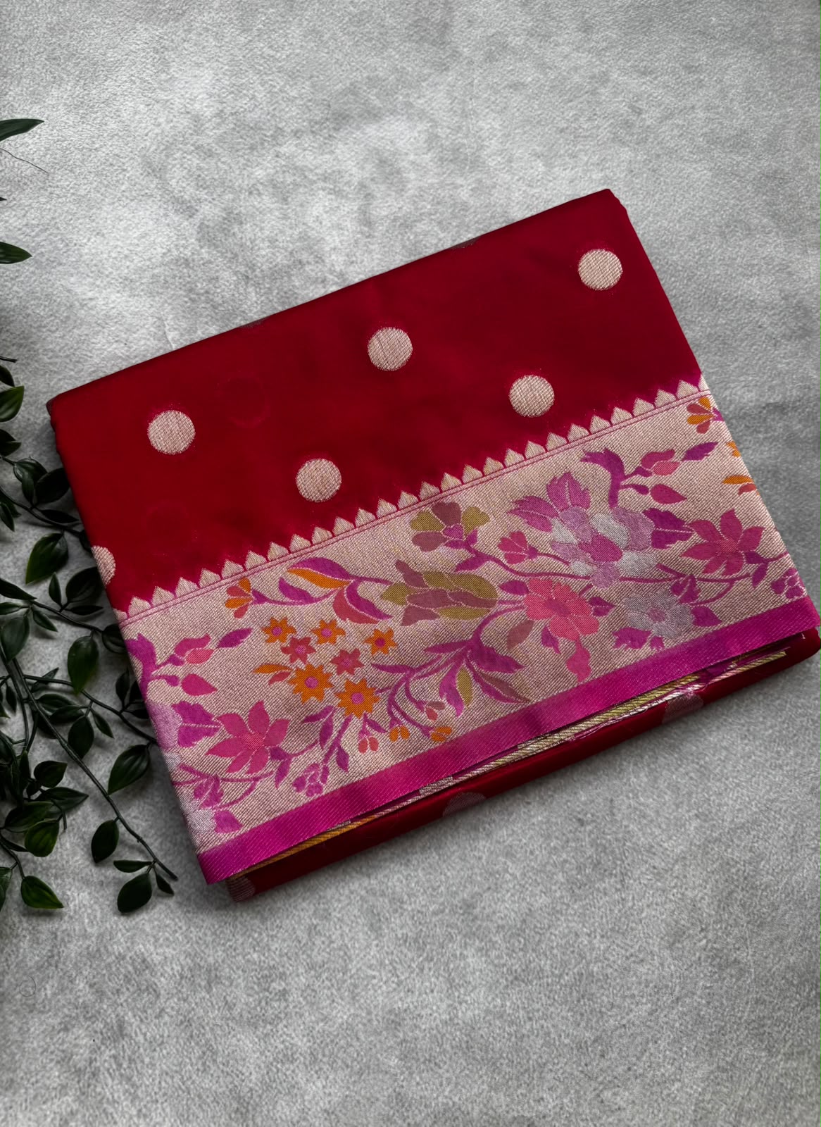 Pink polka dot semi crepe saree